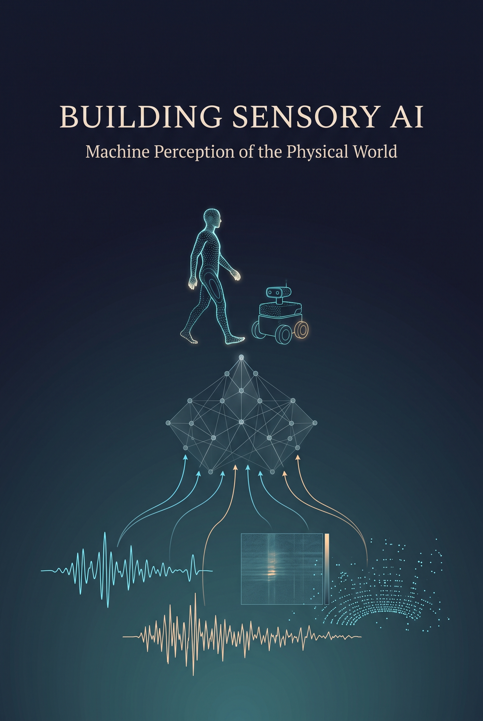 Book cover: sensor waveforms, a radar range-Doppler panel and a lidar point cloud rising through a neural network into a reconstructed walking figure and robot, with the title Building Sensory AI, Machine Perception of the Physical World
