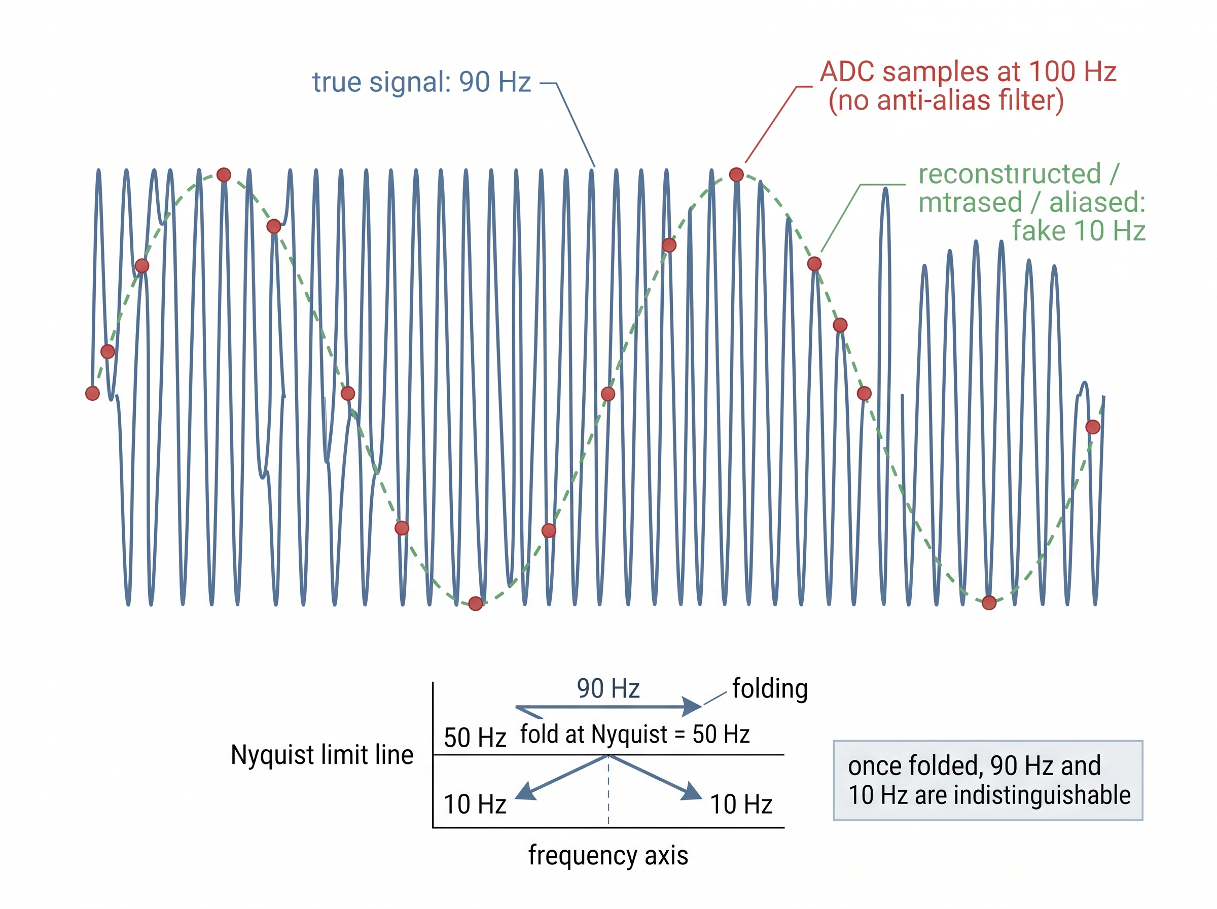 Aliasing: a 90 Hz tone folding into a fake 10 Hz sinusoid under undersampling
