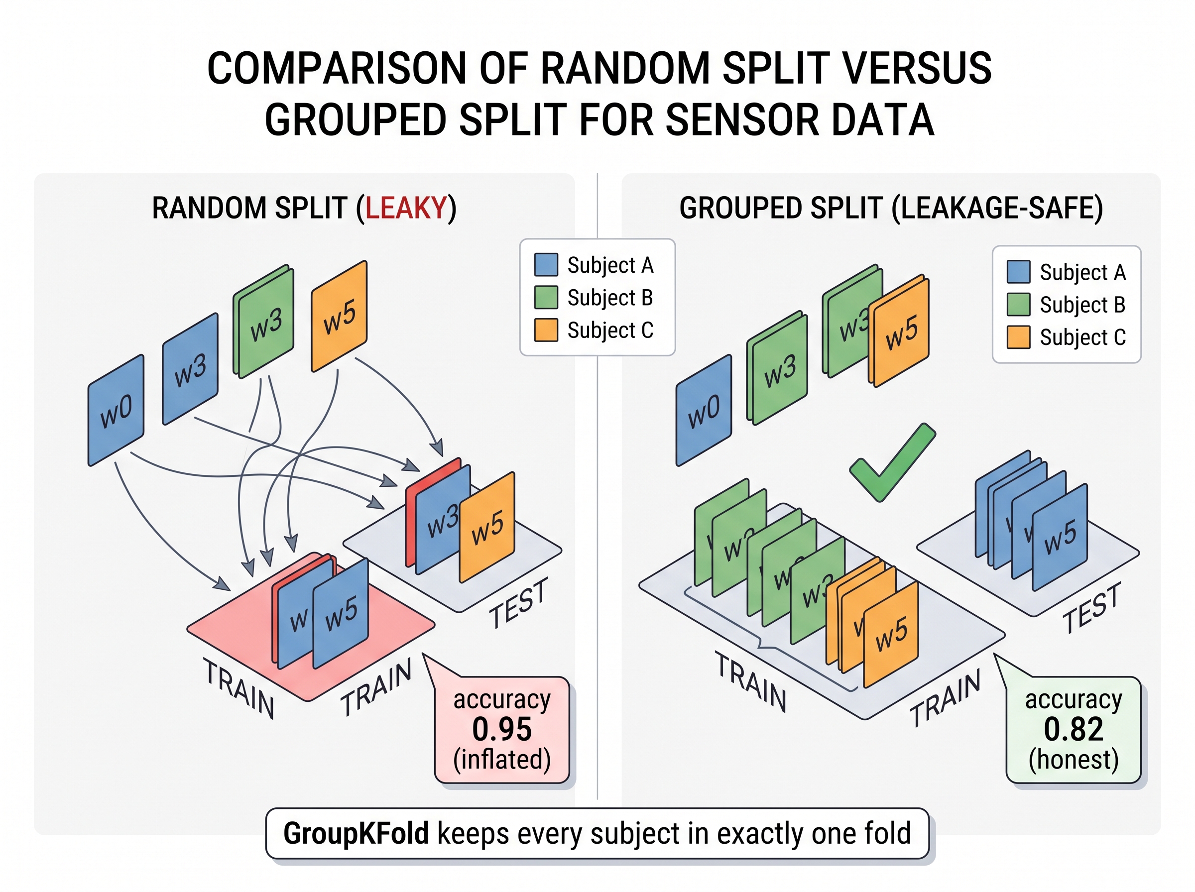 Grouped versus random cross-validation and subject leakage