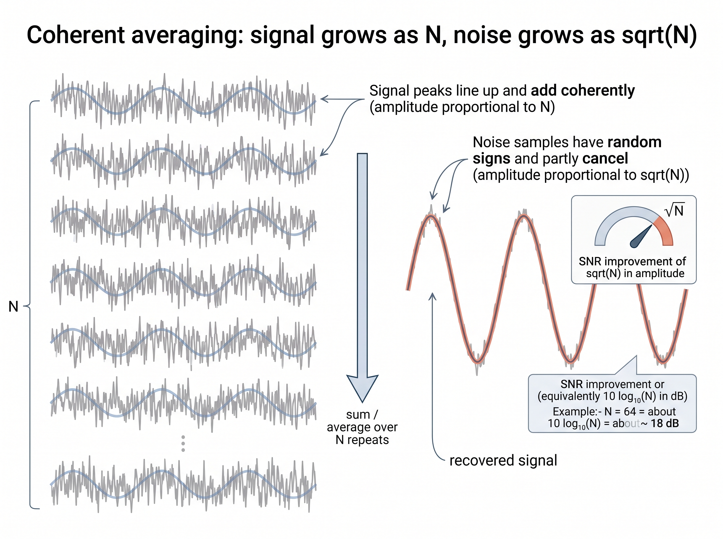 Coherent averaging: signal adds linearly, white noise adds in quadrature (root-N SNR gain)