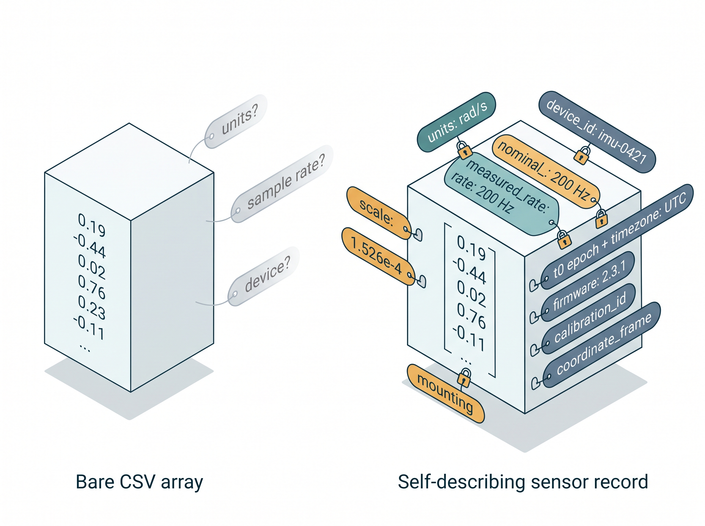 Anatomy of a self-describing sensor record versus a bare array