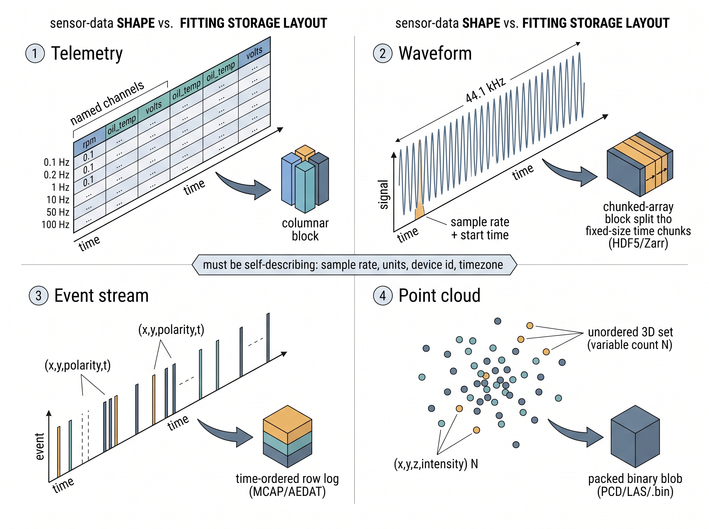 The four canonical sensor-data shapes and their fitting storage layouts